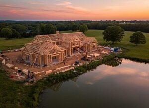 Custom home framing in Cullman, AL, showing wood studs and roof trusses on a two-story house under construction.
