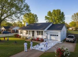 Exterior painting crew working on a white ranch house in Cullman, Alabama, example of 2025 house paint costs for homeowners and landlords. Schedule and Estimate Today.