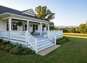 Large white wraparound porch with railings and steps on a farmhouse in Cullman, Al overlooking a yard. Schedule your Free Porch Design Consult today.