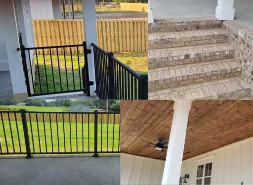 Back farmhouse porch in Cullman, Alabama with black metal railings, safety gates, brick steps, and stained wood ceiling with fan. Schedule a Free Porch Design Estimate Today.