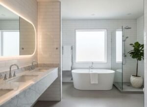 Updated bathroom with tile shower and modern finishes, typical full remodel style in Cullman and Smith Lake AL.