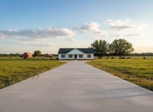 New concrete driveway installation leading to a farm house in Cullman, Alabama, with green pasture and grazing cattle. Get your free estimate today.