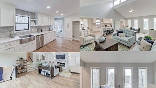 Open concept kitchen and living room remodel in a Cullman home with white cabinets, hardwood floors, and bright natural light.