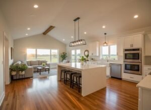Open-concept kitchen and living room with large island, white cabinets, and wood floors in a home style popular in Cullman and Smith Lake, Alabama.