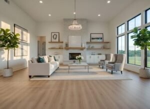 Modern living room with light wood‑look laminate flooring, used as design inspiration for laminate installs in Cullman AL