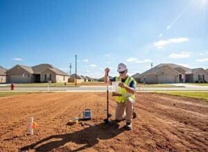 Soil technician collecting a soil sample for custom home foundation testing on a residential lot similar to Cullman and Smith Lake AL.