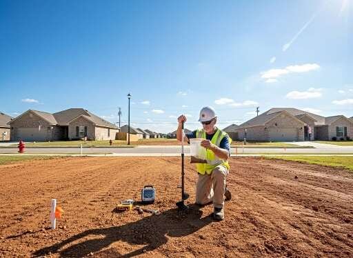 Soil technician collecting a soil sample for custom home foundation testing on a residential lot similar to Cullman and Smith Lake AL.