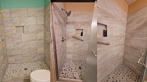 Walk-in shower remodel before and after in Cullman AL, showing new wall tile, shower niche, grab bars, and pebble tile floor installed by Hunter’s Ridge Construction.