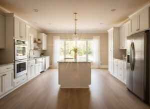 Bright modern kitchen with white cabinets, center island, and wood floors used as design inspiration by Hunter's Ridge Construction in Cullman, Alabama.