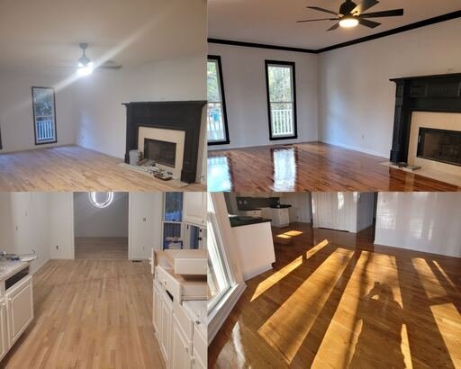 Before and after interior painting and floor refinishing in a Cullman, Alabama living room and kitchen