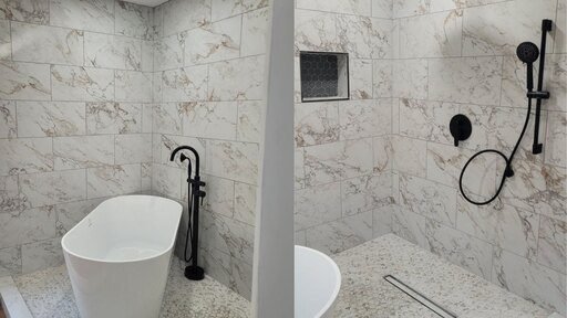 Finished tile shower with freestanding tub, niche, and black fixtures in a Cullman AL bathroom