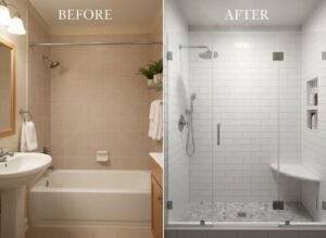 Bathroom remodel before and after in Cullman AL showing a dated tub/shower converted to a bright walk-in shower with glass doors and subway tile by Hunter’s Ridge Construction.