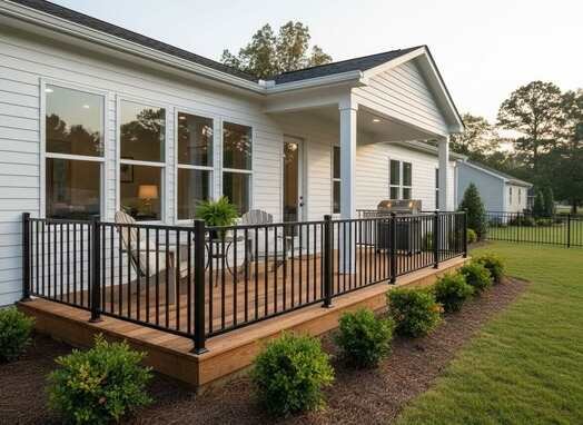 Client‑inspired porch design with black metal railing and low wood deck on a white house, showing a safe outdoor space for Cullman and Smith Lake homes