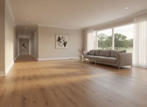 Client-inspired whole-home LVP flooring look in a bright open-concept living room, Cullman AL