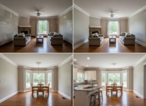 AI-generated before-and-after interior painting in a Cullman AL home, living room and kitchen with fresh neutral walls