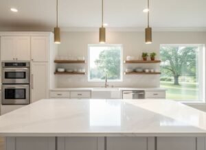 Bright white kitchen with quartz island, open shelves, and three pendant lights.