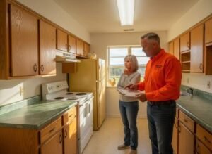 General contractor holding a checklist while talking with a female homeowner in an older kitchen during a kitchen remodel walk-through in Cullman Alabama.