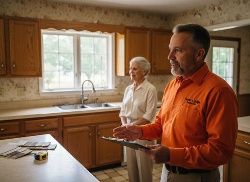 General contractor from Hunter’s Ridge Construction reviewing a kitchen remodel plan with a homeowner in an older Cullman AL kitchen.