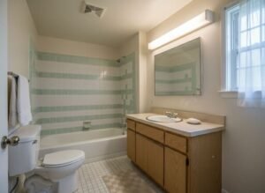Older bathroom with vintage tile and tub shower combo, typical before remodel in Cullman and Smith Lake AL.