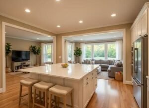 Open‑concept kitchen and living room with large island and wide cased openings, design inspiration from our clients for updating older Cullman and Smith Lake homes