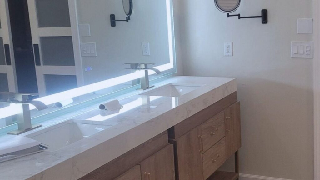 Finished double vanity with marble countertop and wall mirror