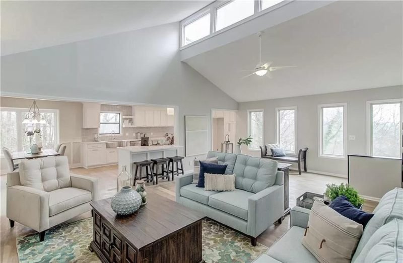 Finished kitchen remodel wide view with white cabinets and open concept layout